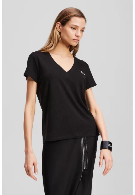 Тениска с лен с лого - Черен