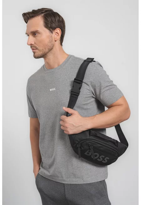 Тениска с овално деколте и лого - Меланж тъмно сиво