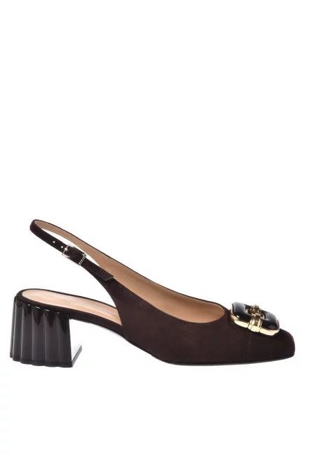 Велурени обувки с отворена пета и каишка с тока