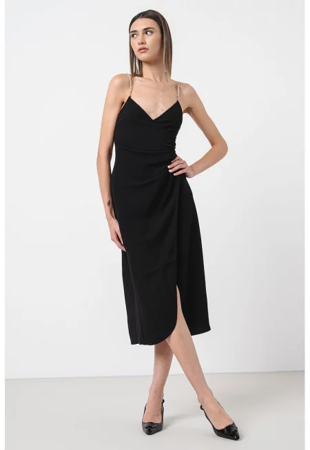 Застъпена рокля с декоративни камъни - Черен