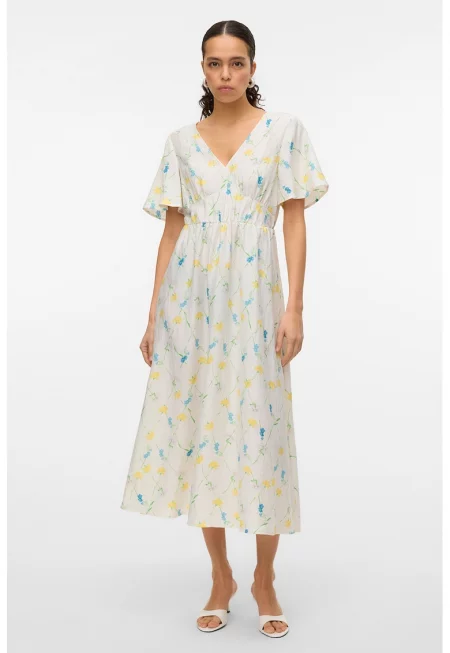 Дълга шпиц рокля - Бял/Жълт/Лавандула