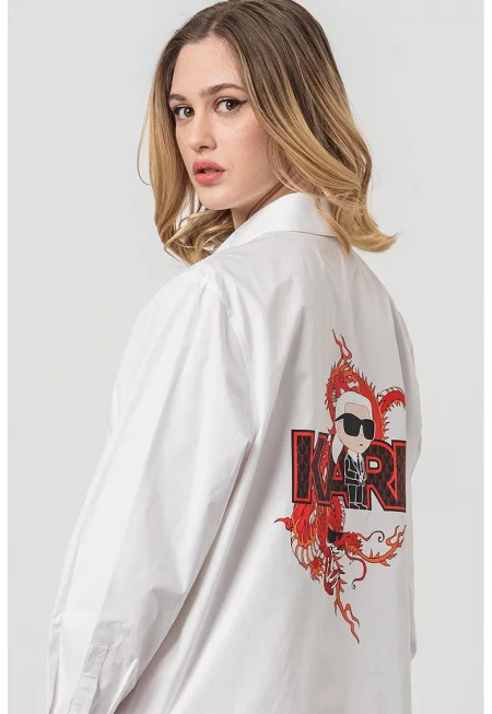 Дълга уголемена риза с десен - Бял