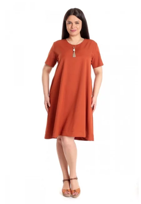 Дамска широка рокля - керемиден цвят - с джобове