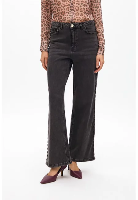 Дънки с лиосел и декоративни камъни - Антрацитно сиво