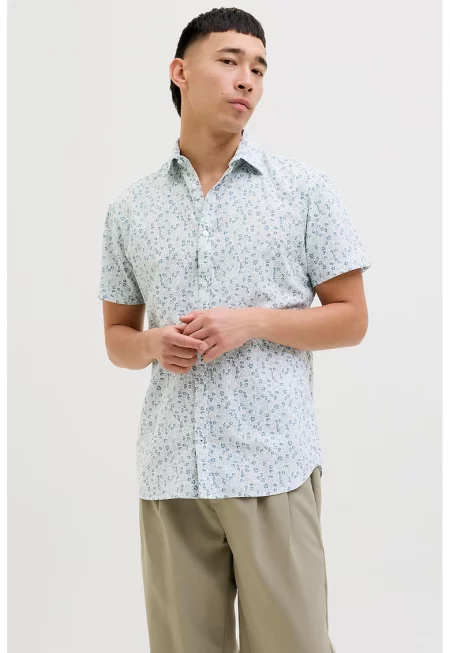 Десенирана риза с лен - Бледо синьо/Бял