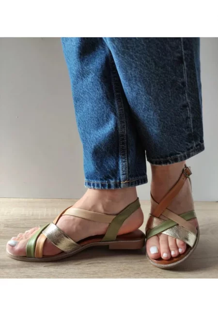 Ежедневни дамски сандали  059 A406 маслина с бежово и златисто - зелено