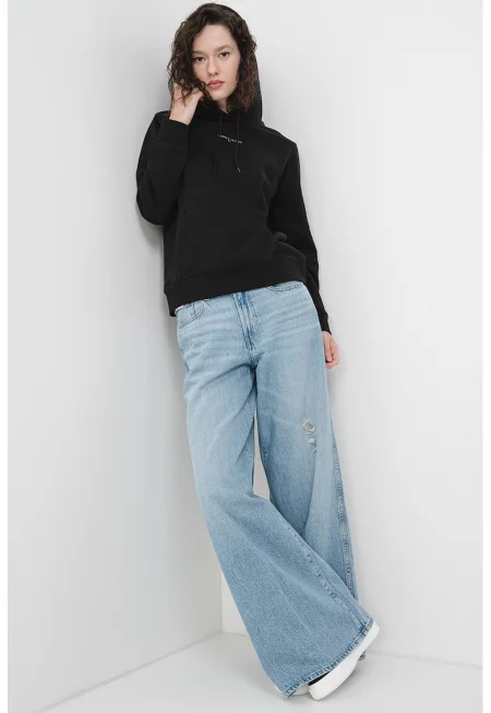 Худи с джоб кенгуру и лого - Черен