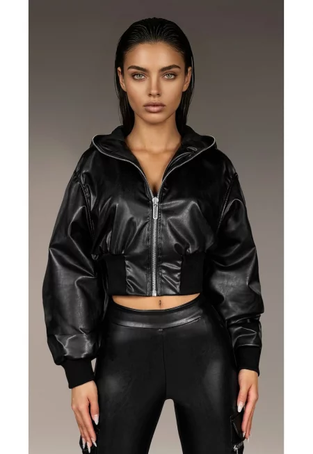 Jacheta crop din piele ecologica Rust - Черен