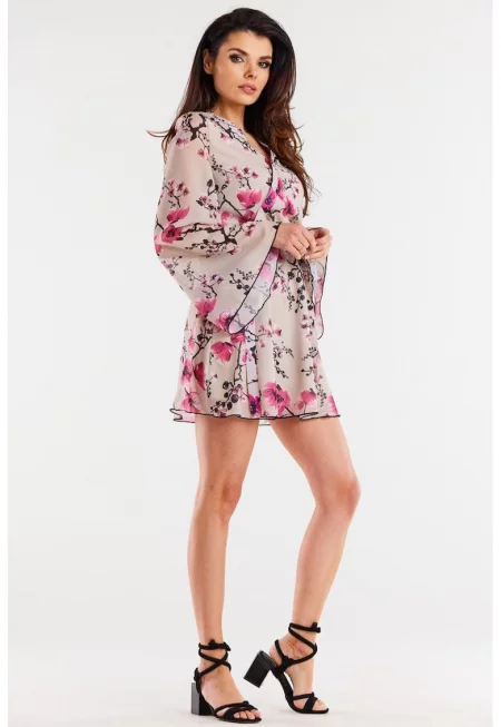 Къса флорална рокля с дълъг ръкав A509