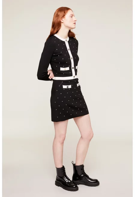 Къса пола с декоративни камъни - Бял/Черен