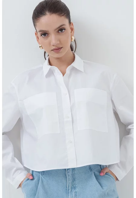 Къса риза с пришити джобове - Бял