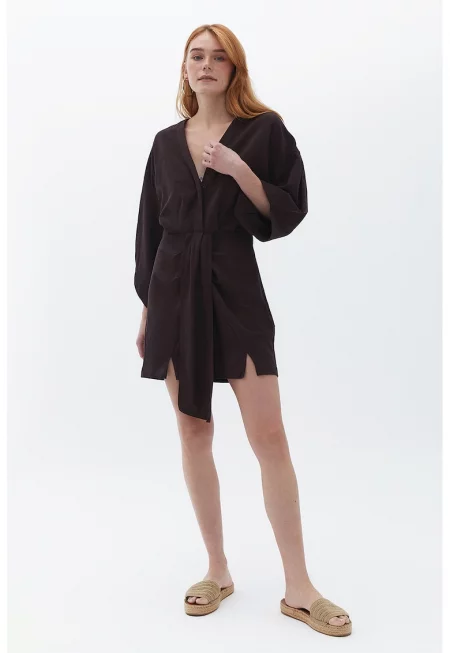 Къса рокля с лен - Тъмнокафяв
