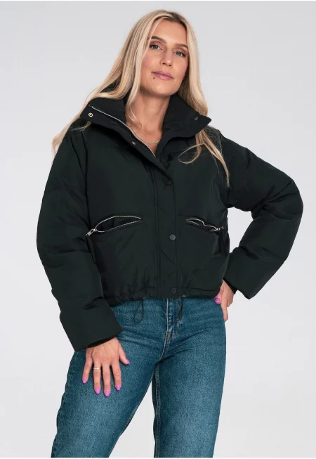 Късо яке  черно - синтетично - с вдигната яка и джобове - за жени