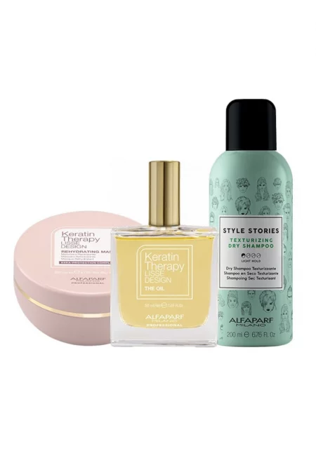 Комплект  Lisse Design Keratin Therapy Rehydrating Mask 200 ml - сух шампоан Style Stories 200 ml и Elixir олио с кератин за коса - 50 ml