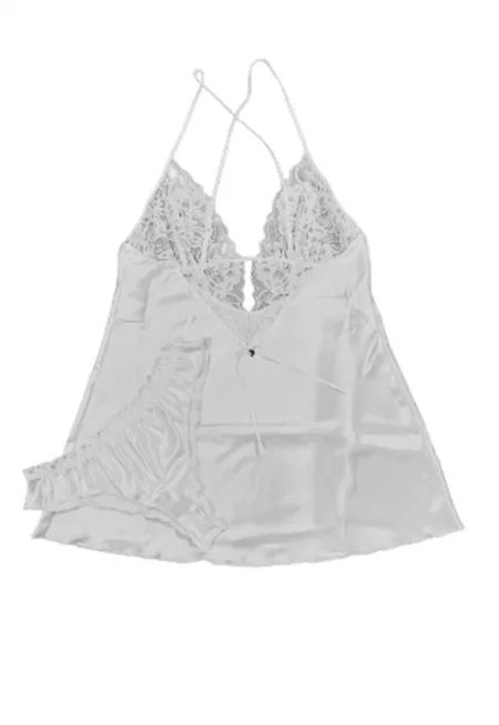 Комплект от 2 части потник и бразилски слипове от сатен с дантелени детайли  8426 - Бял