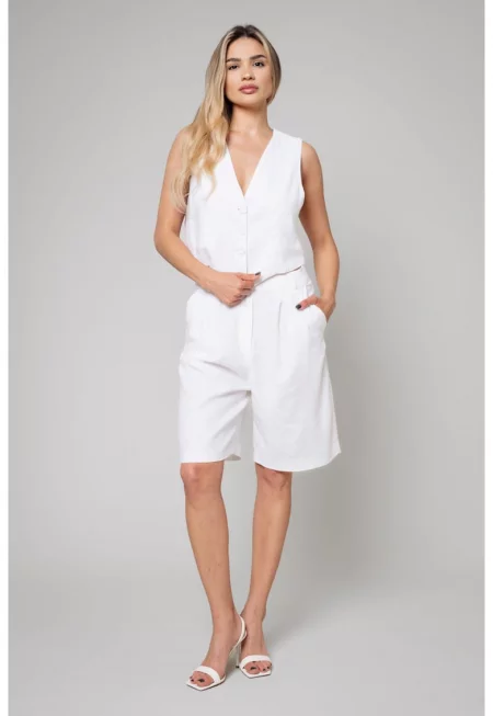 Комплект от жилетка и шорти от лен - White 11453 - Бял