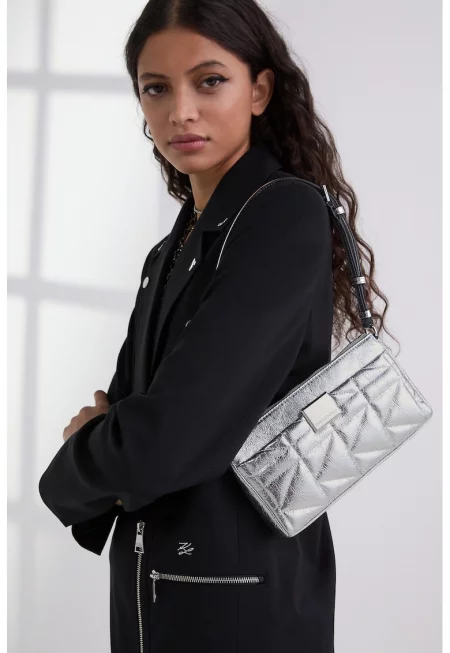 Кожена чанта през рамо с лого - Сребрист