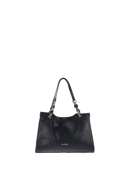 Кожена чанта с външен джоб с цип - Черен