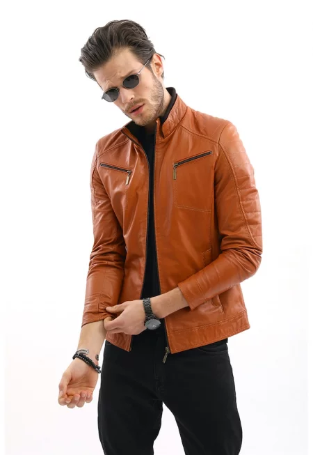 Кожено яке Dinu по тялото с джобове - Карамел