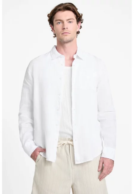 Ленена риза с джоб - Бял