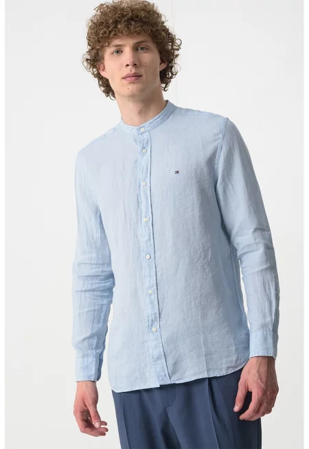 Ленена риза с ниска яка - Пастелносин