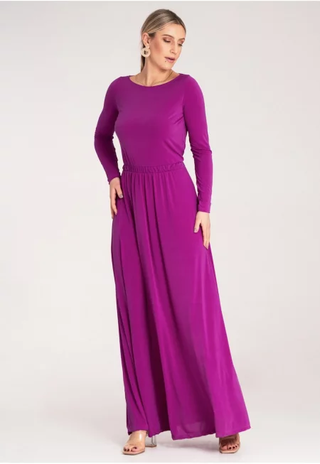 Макси рокля -  фуксия - дълъг ръкав - полиестер