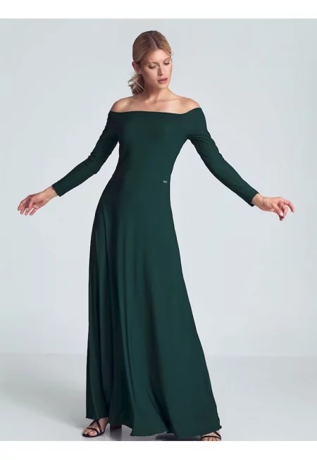 Макси рокля  зелена - с дълги ръкави - високо деколте - плисета в областта на гърдите - зашита в талията - 5% еластан - 95% полиестер