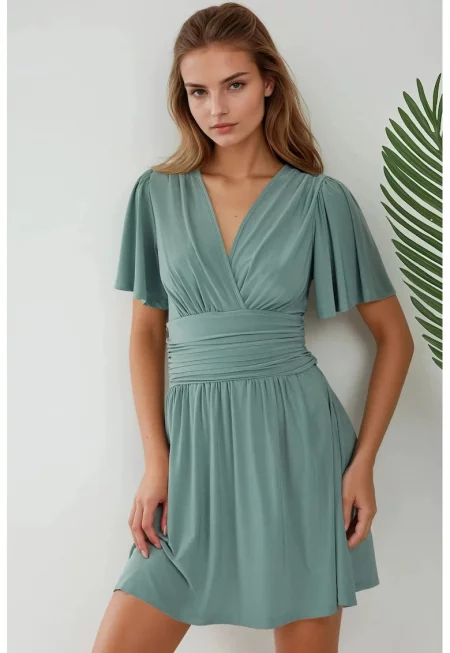Мини рокля  къс ръкав - V-образно деколте - зелен - трико
