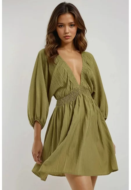 Мини рокля  V-образно деколте - дълъг ръкав - зелена - текстил