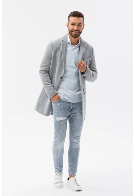 Палто с раздвоен ревер и джобове - Пепеляво сиво