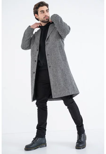 Палто с вълна с шарка тип рибена кост - Бял/Черен