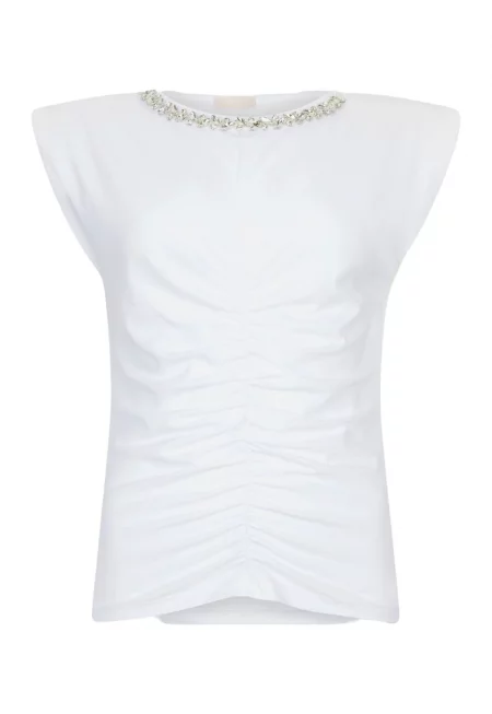 Памучна тениска с декоративни камъни - Бял
