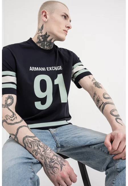 Памучна тениска с принт - Бледозелен/Тъмносин