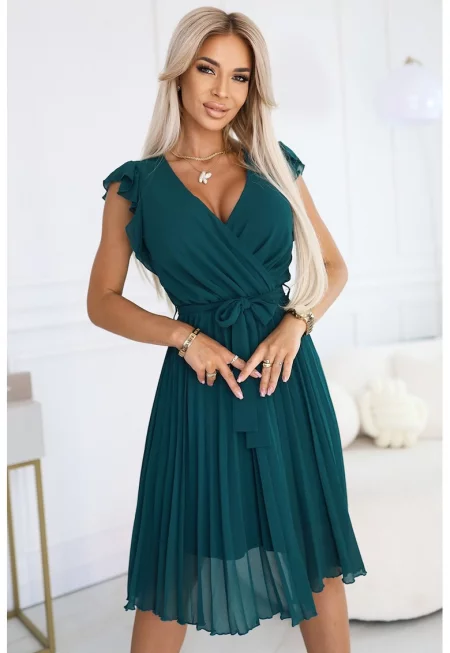 Плисирана рокля с волани на раменете - - Аква зелено