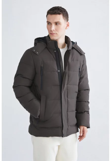 Подплатено зимно яке с качулка - Тъмнокафяв