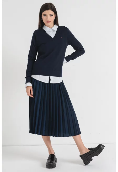 Пуловер с органичен памук с шпиц - Ултрамарин синьо