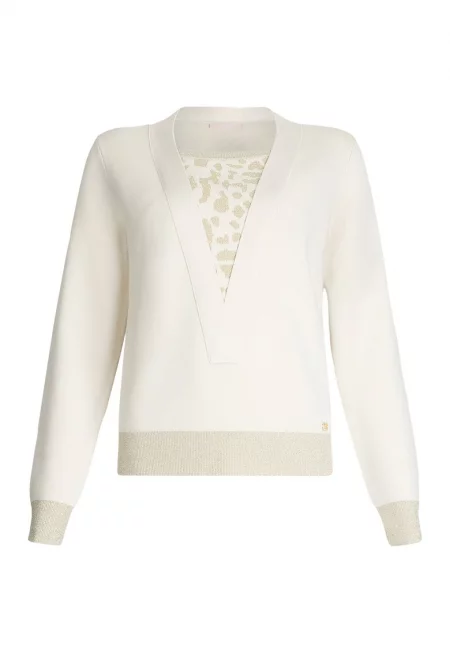 Пуловер с животинска шарка - Бял/Крем