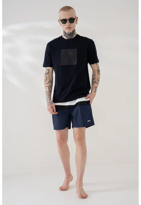 Раирани плувни шорти с връзка - Тъмносин