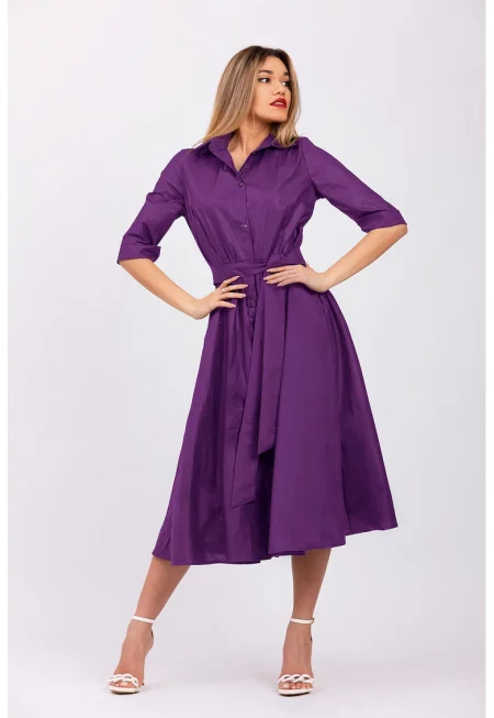 Разкроена рокля-риза с колан - Виолетов