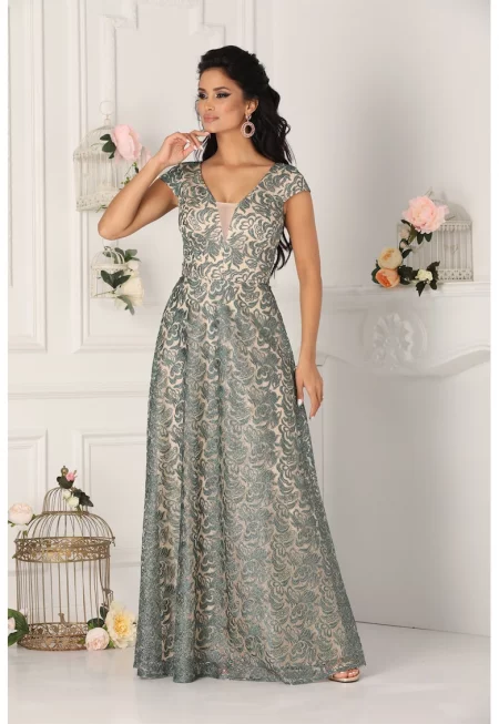 Разкроена рокля с дантелен горен слой - Зелен/Слонова кост