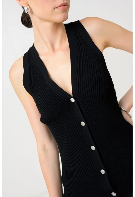 Рипсен пуловер без ръкави - Черен