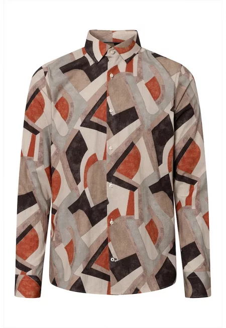 Риза с дълъг ръкав и геометрична щампа - Кафяв
