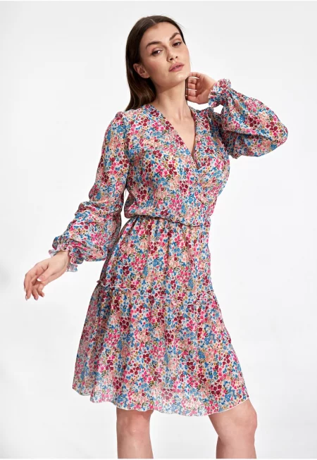 Рокля  флорална - с дълъг ръкав - многоцветна - полиестер