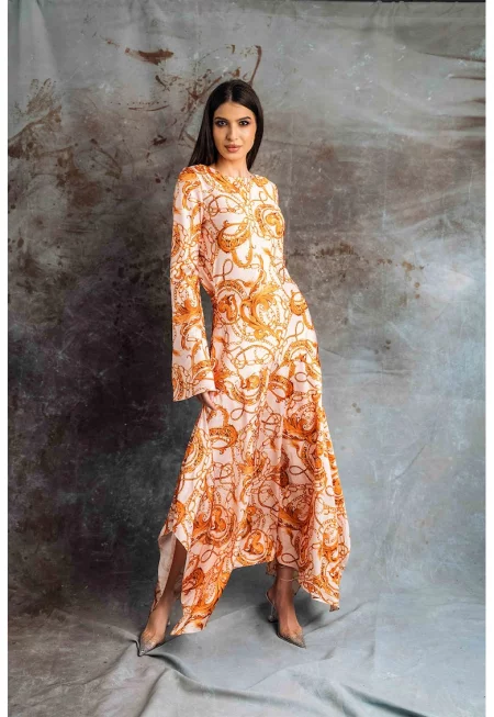 Рокля Indie с коприна - Тъмножълт/Бледо розово