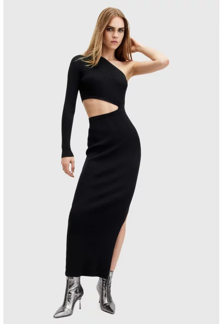 Рокля с голо рамо и отвор - Черен