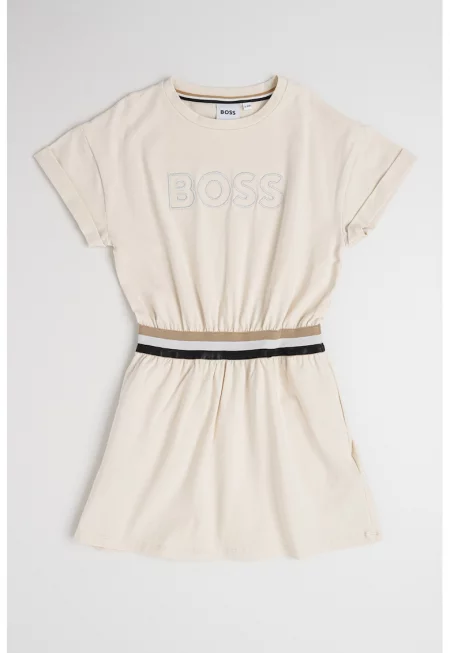 Рокля с памук с лого и еластична талия - Светло бежово
