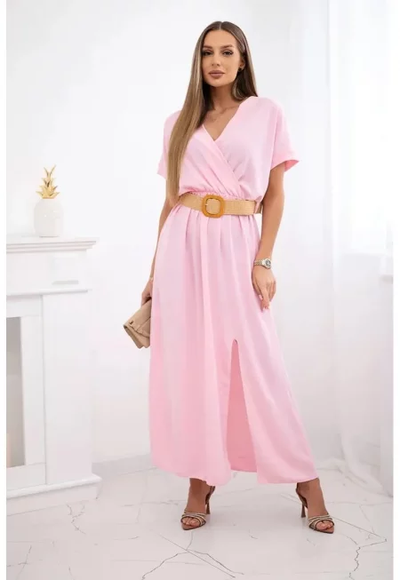 Рокля с V-образно деколте и колан на талията -