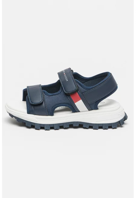 Сандали от еко кожа с равна платформа и велкро - Тъмносин