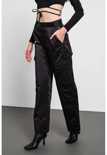 Сатиниран панталон с висока талия - Черен