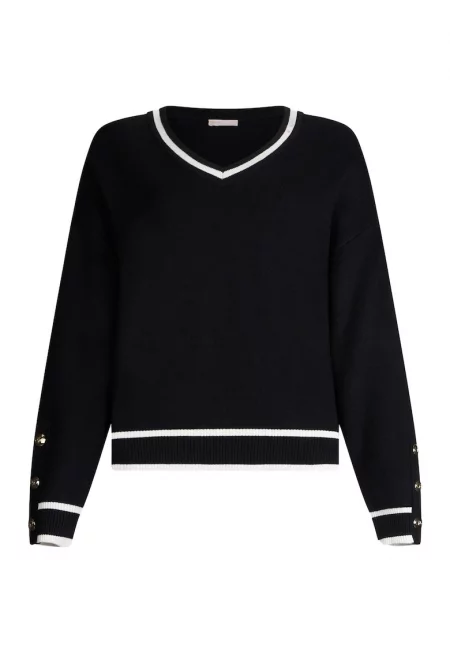 Шпиц пуловер с контрастни райета - Черен